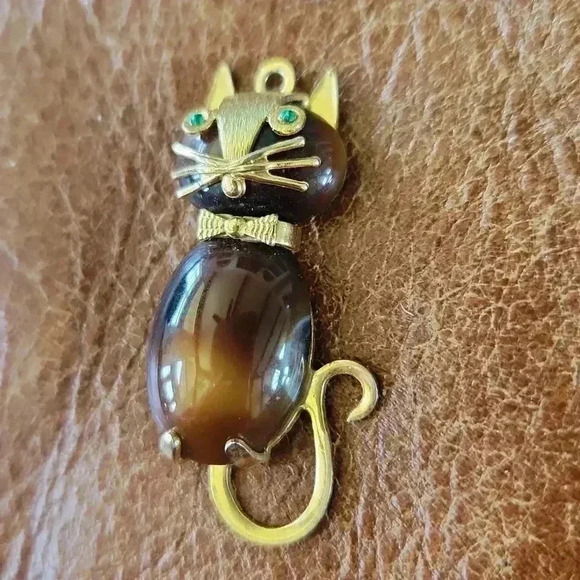 Vtg Hobco Tiger Eye Quartz Cat Charm Necklace Pendant - Picture 2 of 14